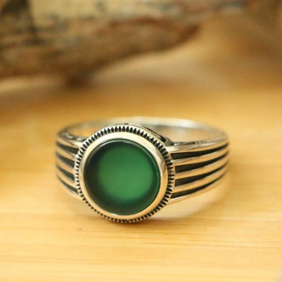 925 Sterling Silver Mens Rings Green Agate - Picture 6 of 7